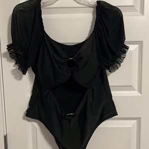 Black Mesh Ruffle Sleeve On Piece